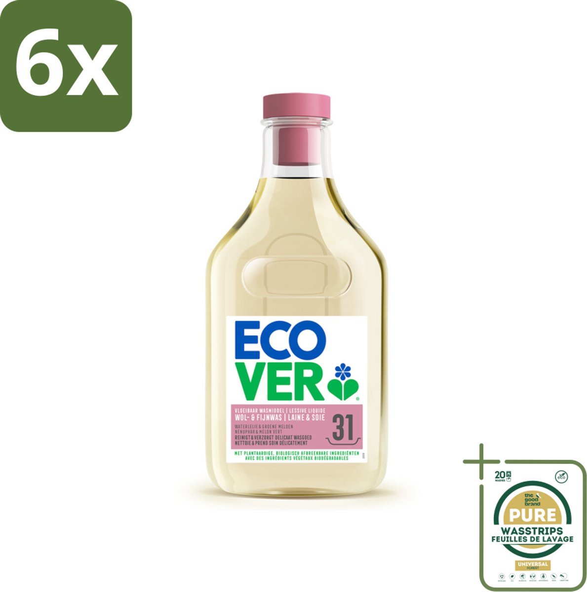 Ecover Vloeibaar Wasmiddel Wol & Fijn Was - Waterlelie & Groene Meloen 31 Wasbeurten 1,43 liter - Voordeelverpakking - 6 stuks - Delicate Stoffen Was - Plantbased Wasmiddel