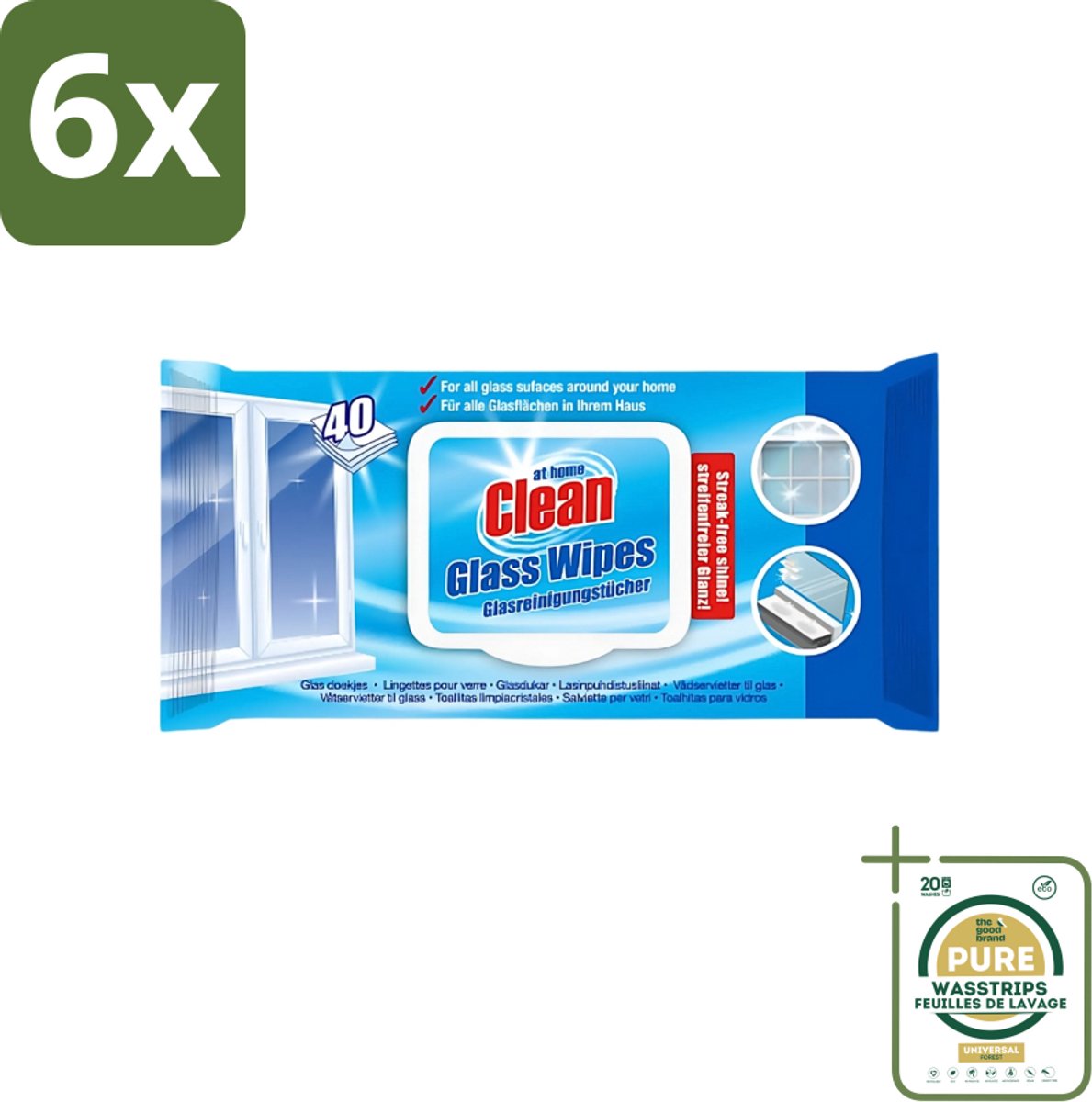 At Home - Clean - Glas Reinigingsdoekjes - Reinigt Streepvrij - 40 Doekjes - Voordeelverpakking - 6 stuks - Glas reinigen - Ruiten reinigen