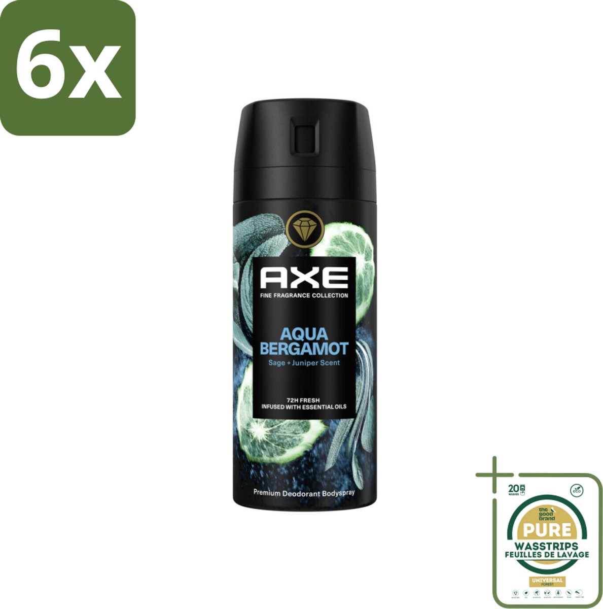 Axe Deodorant Bodyspray Aqua Bergamot 150 ml - Voordeelverpakking - 6 stuks - Geur - Lichaamsgeur Bescherming