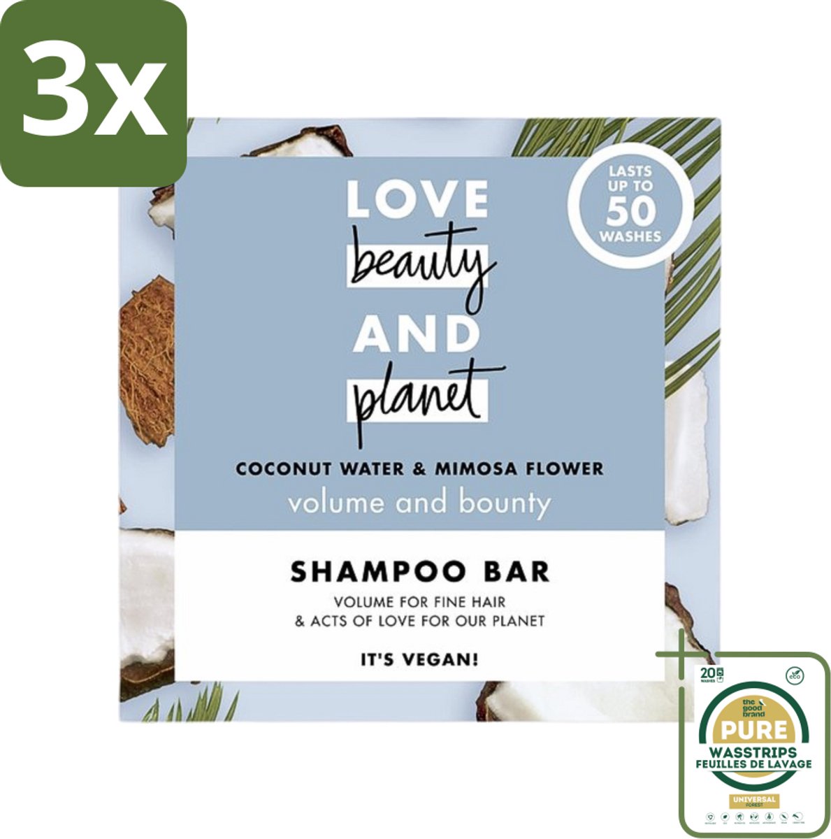 3 x Love Beauty and Planet - Shampoo Bar - Coconut Water & Mimosa Flower - Hydratatie & Volume - 90 g - Grootverpakking - Shampoo Bar - Kokoswater - Mimosa - Volume - Hydratatie