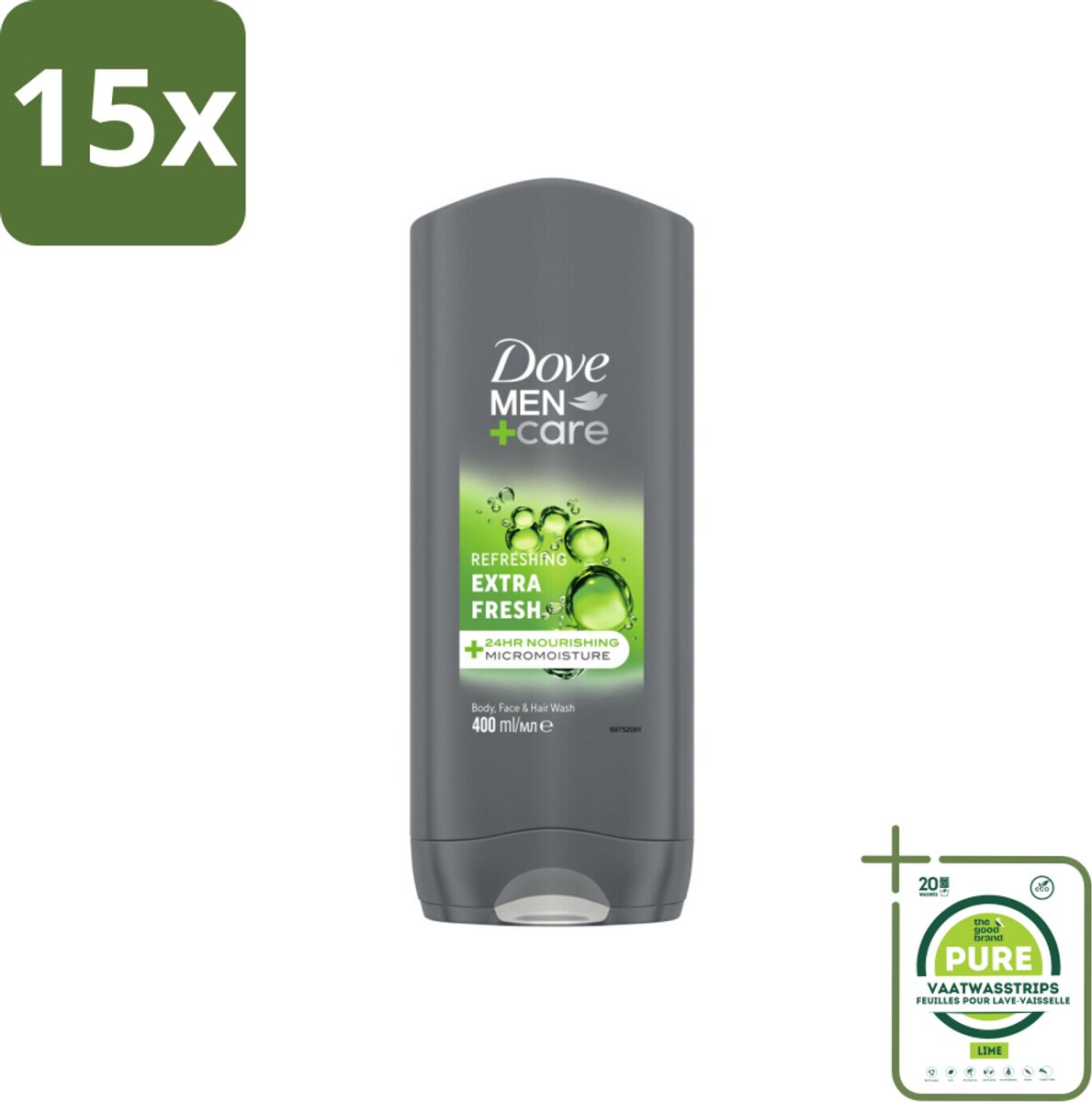 15 x Dove Douchegel Men+ Care Extra Fresh 400 ml - Grootverpakking - Douchegel - Mannelijke Geur - Reiniging - Huidverzorging - Frisse Geur