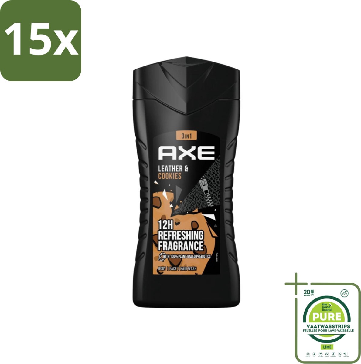 15 x Axe - 3-in-1 Douchegel - Leather & Cookies - 100% Plantaardig - 250 ml - Grootverpakking - Douchegel - Geur - Lichaam - Gezicht - Haar