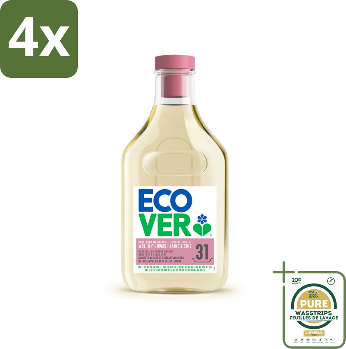 Ecover Vloeibaar Wasmiddel Wol & Fijn Was - Waterlelie & Groene Meloen 31 Wasbeurten 1,43 liter - Voordeelverpakking - 4 stuks - Delicate Stoffen Was - Plantbased Wasmiddel