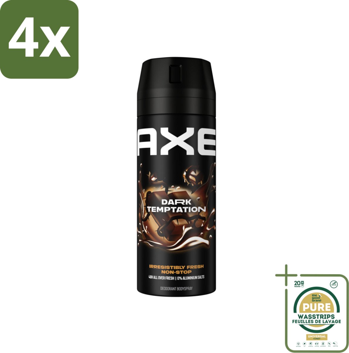 Axe Deodorant Bodyspray Dark Temptation 150 ml - Voordeelverpakking - 4 stuks - Geurbeheersing - Donkere chocolade