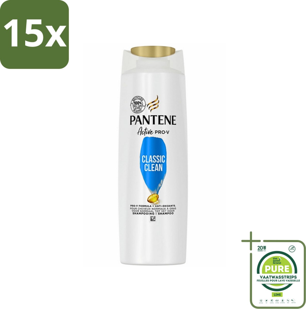 15 x Pantene - Shampoo - Classic Clean - Verfrissende Reiniging - Voor Normaal Haar - 225 ml - Grootverpakking - Pantene Classic Clean Shampoo - Verfrissende Reiniging - Normaal Haar - Pro-V Voedingsstoffen - Gezonde Glans