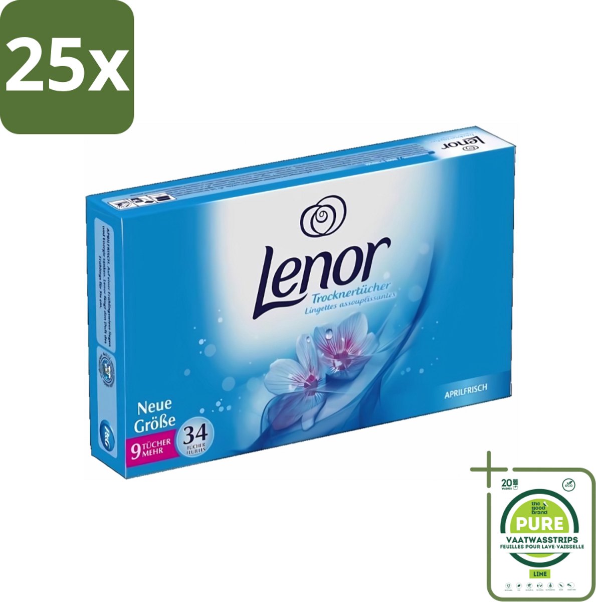 25 x Lenor - Droogtrommeldoekjes - Aprilfris - Textielverfrisser - 34 Doekjes - Grootverpakking - Droogtrommeldoekjes - Frisheid - Wasdoekjes - Statische Elektriciteit - Textielverfrisser