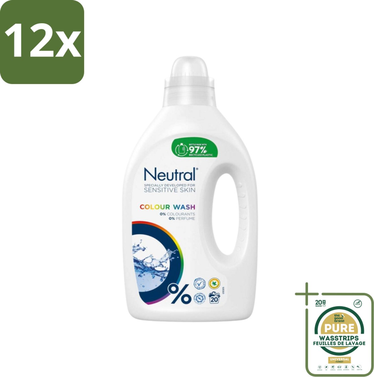 Neutral Vloeibaar Wasmiddel Kleur 20 Wasbeurten 1 liter - Voordeelverpakking - 12 stuks - Wasmiddel zonder parfum - Wasmiddel zonder kleurstof