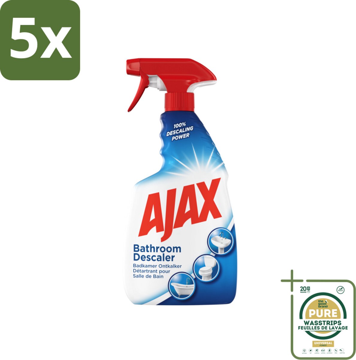 5 x Ajax Badkamerspray 750 ml - Grootverpakking - Badkamerontkalker - Ontkalker Spray - Hardnekkig Vet Verwijderen - Kalkaanslag Voorkomen - Badkamer Reinigen