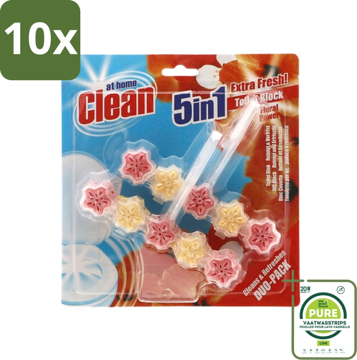 10 x At Home - Clean - Toiletblok - 5in1 Active - Floral Power - Neutraliseert & Reinigt - 2 Blokken - Grootverpakking - Toilet Reinigen - Toilet Blok - Toilet Geur - Toilet Reinigingsmiddel - Bloemige Geur