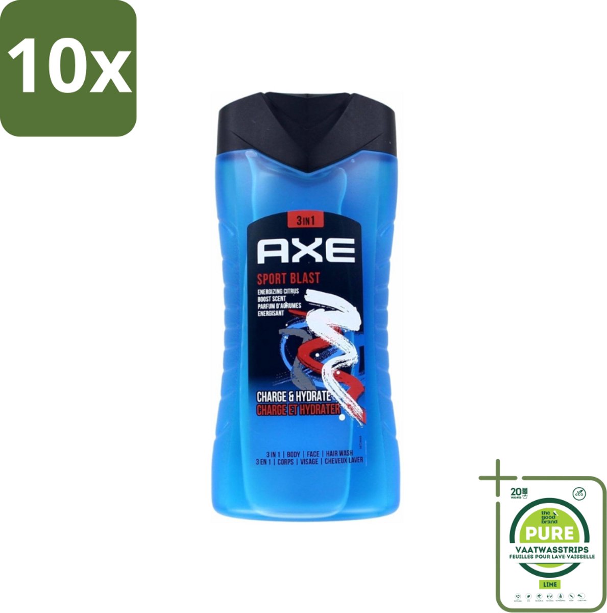 10 x Axe - 3-in-1 Douchegel - Sport Blast - Energizing Citrus - Hydraterend - 250 ml - Grootverpakking - Douchegel Sport - Sportgeur - Hydraterende Douchegel - Frisheid Na Training - Huid Verzorging