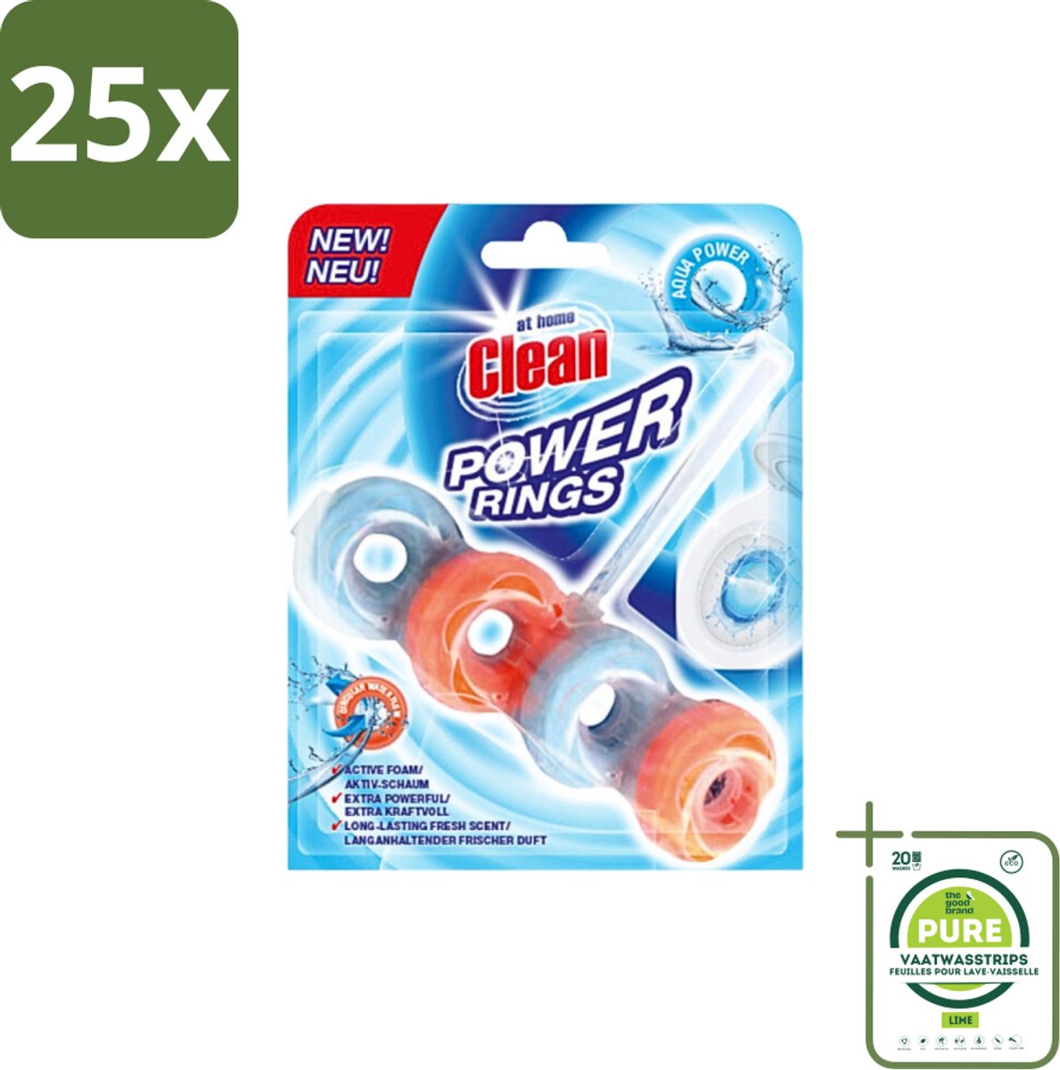 25 x At Home - Clean - Toiletblok - Power Rings - Aqua Power - Extra Sterk - 1 Blok - Grootverpakking - Toiletblok - Reiniging - Frisheid - Aqua Geur - Toilet Reinigen