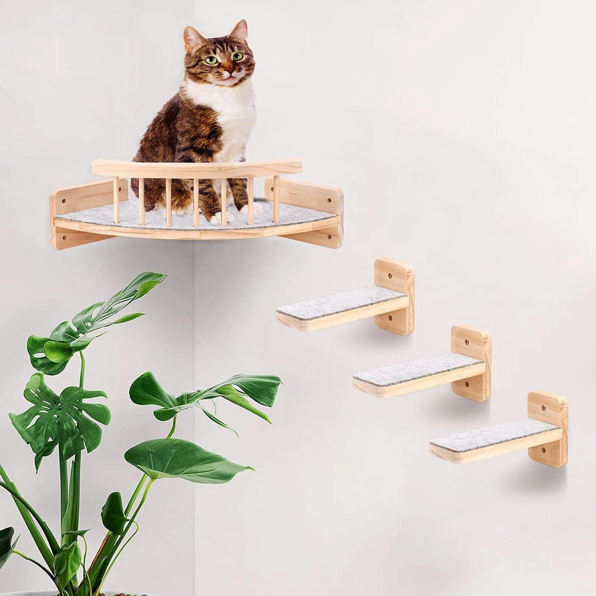 Katten Klimwand - Kattenmuur Set - Spelen en Klimmen - Stevig Hout - 3 Treden - Grijs