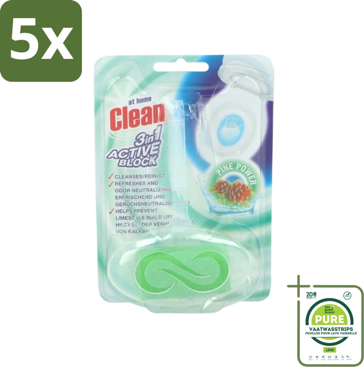 5 x At Home - Clean - Toiletblok - 3in1 Active - Pine Power - Neutraliseert & Reinigt - 1 Blok - Grootverpakking - Toiletblok - Toilet Reinigen - Toilet Fris - Toilet Neutraliseren - Toilet Reinigingsblok