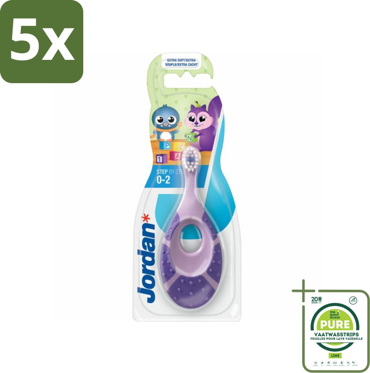 5 x Jordan Tandenborstel Step 1 Baby (0-2 jaar) - Grootverpakking - Baby Tandenborstel - Kindertandenborstel - Tandenborstel 0-2 Jaar - Eerste Tandjes - Tandenpoetsen Baby