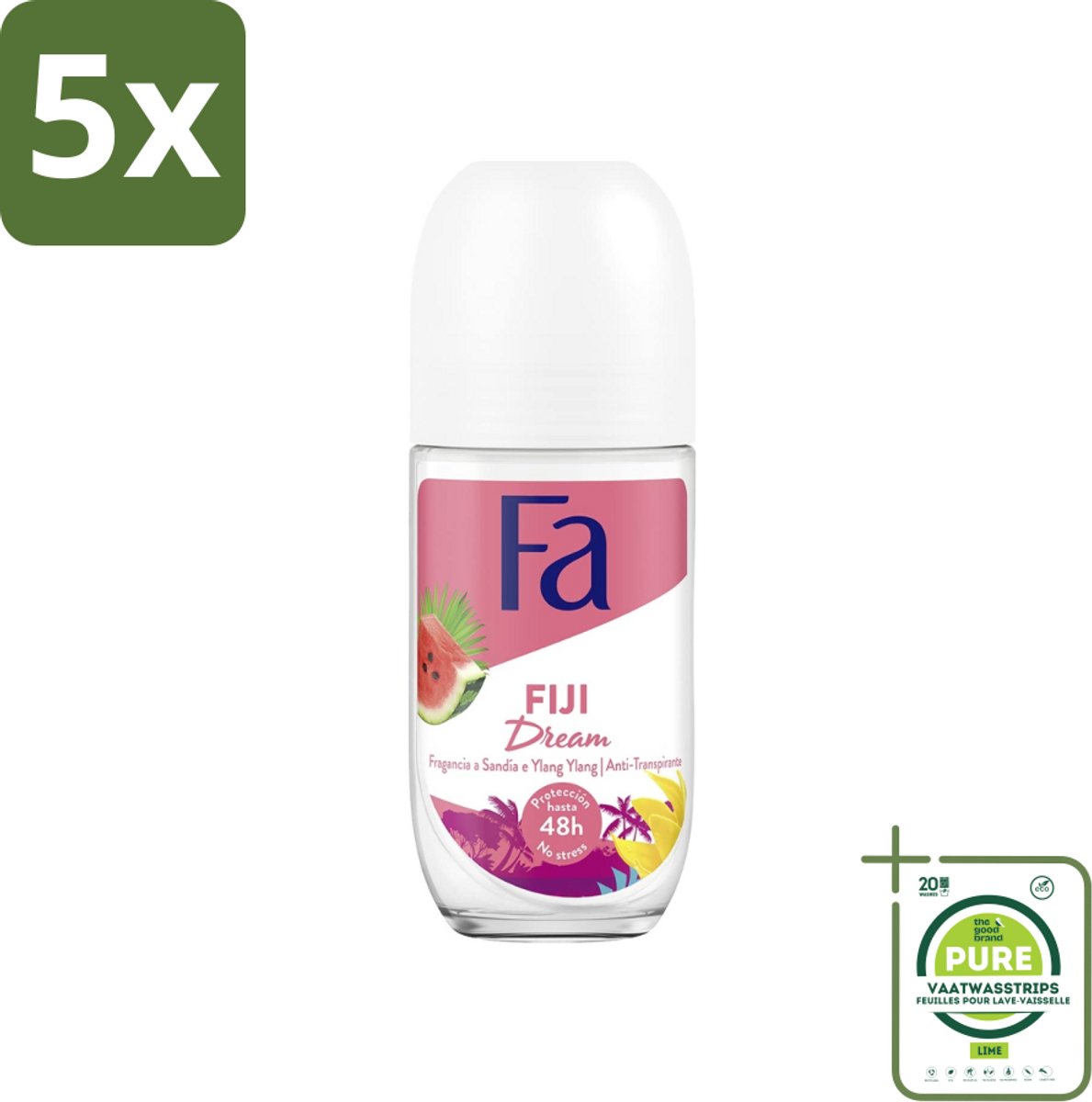 5 x Fa - Deodorant Roller - Fiji Dream - Watermeloen & Ylang Ylang - 48 uur Bescherming - 50 ml - Grootverpakking - 48 Uur Bescherming - Deodorant Roll-on - Watermeloen Geur - Ylang Ylang Geur - Huidvriendelijk