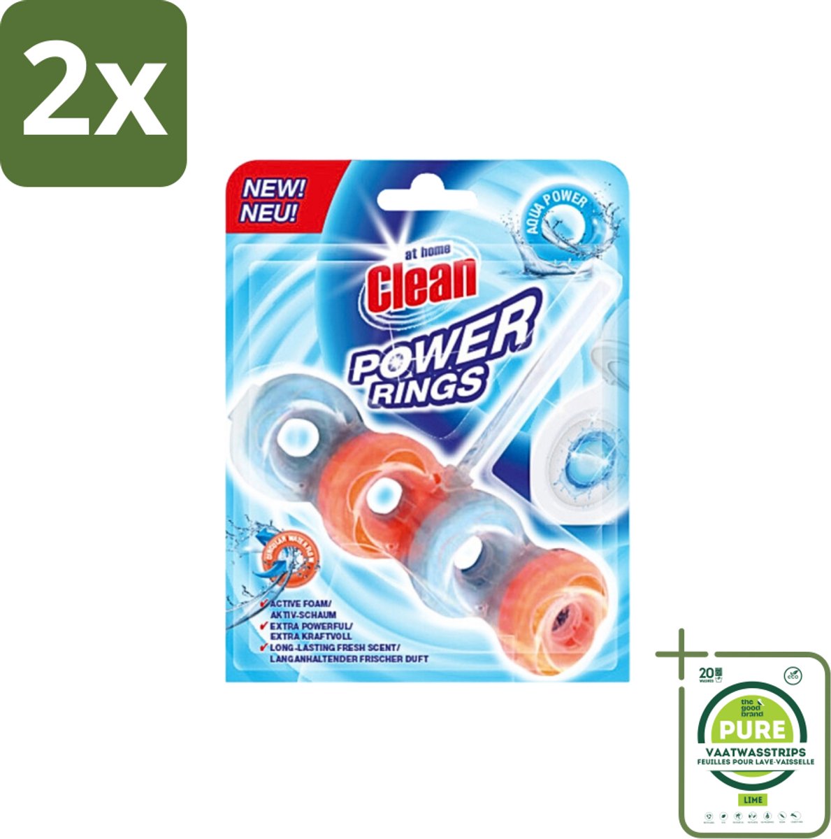 At Home - Clean - Toiletblok - Power Rings - Aqua Power - Extra Sterk - 1 Blok - Voordeelverpakking - 2 stuks - Toiletblok - Reiniging