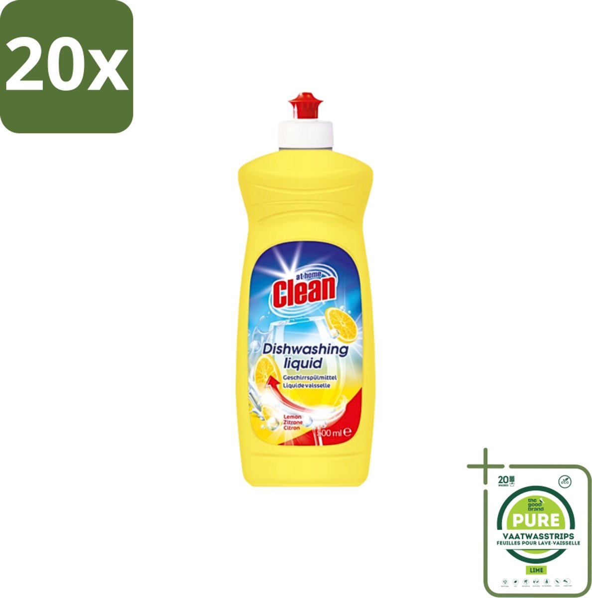 20 x At Home - Clean - Afwasmiddel - Lemon - Stralend Schone Vaat - 500 ml - Grootverpakking - Afwasmiddel - Vaat Reinigen - Vet Verwijderen - Citroengeur - Schone Vaat