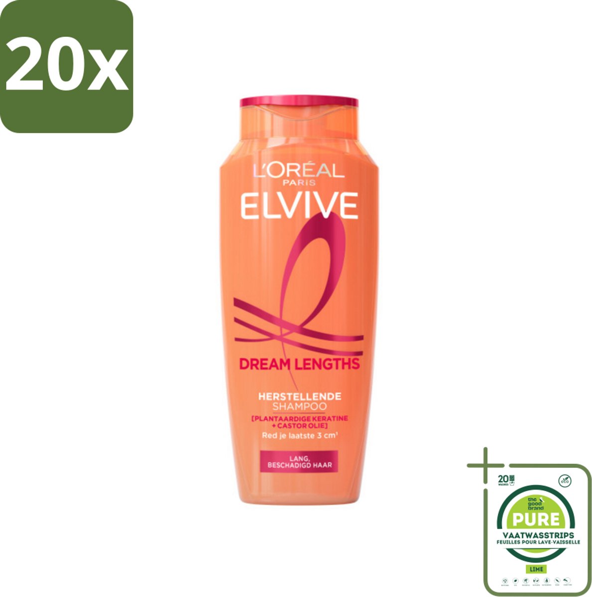 20 x L'Oréal Elvive Dream Lengths Shampoo 250 ml - Grootverpakking - Lang Haar - Beschadigd Haar - Herstel Shampoo - Keratine Shampoo - Castorolie Shampoo