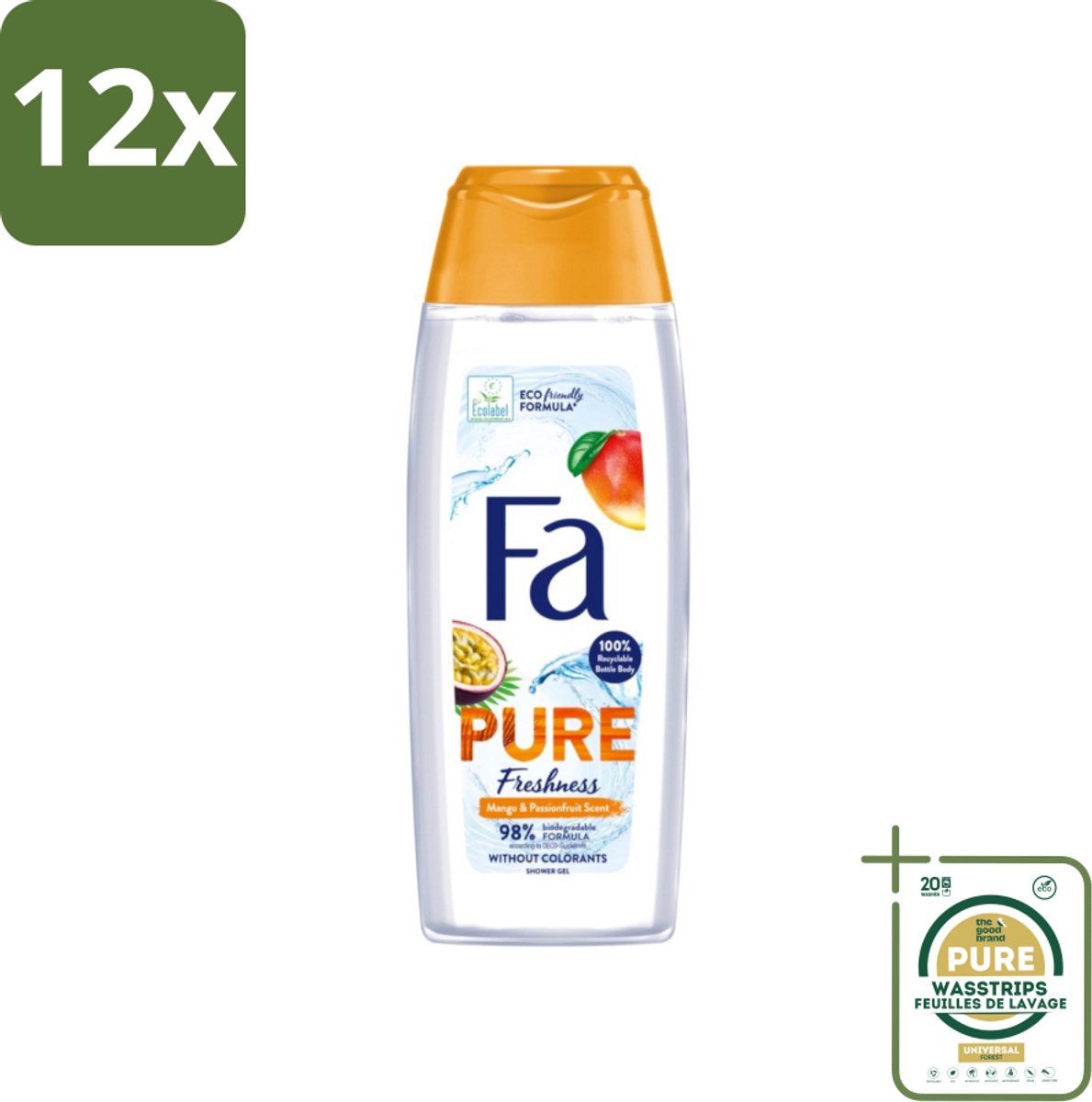Fa - Douchegel - Pure Freshness Mango & Passievrucht - Verfrissend & Zoet - Hydraterend - 250 ml - Voordeelverpakking - 12 stuks - Hydraterende douchegel - Tropische geur