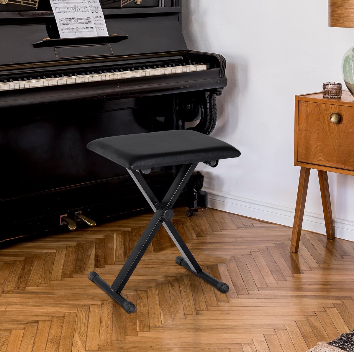 REDOM - Hocker - Klavierhocker met verstelbare hoogte en inklapbaar ontwerp - X-vormig metalen frame - Gewatteerde zitting met kunstleren bekleding - Voor piano, keyboard en gitaar - Metaal en kunstleer met schuimvulling - Zwart - 39 x 29 x 37-47 cm