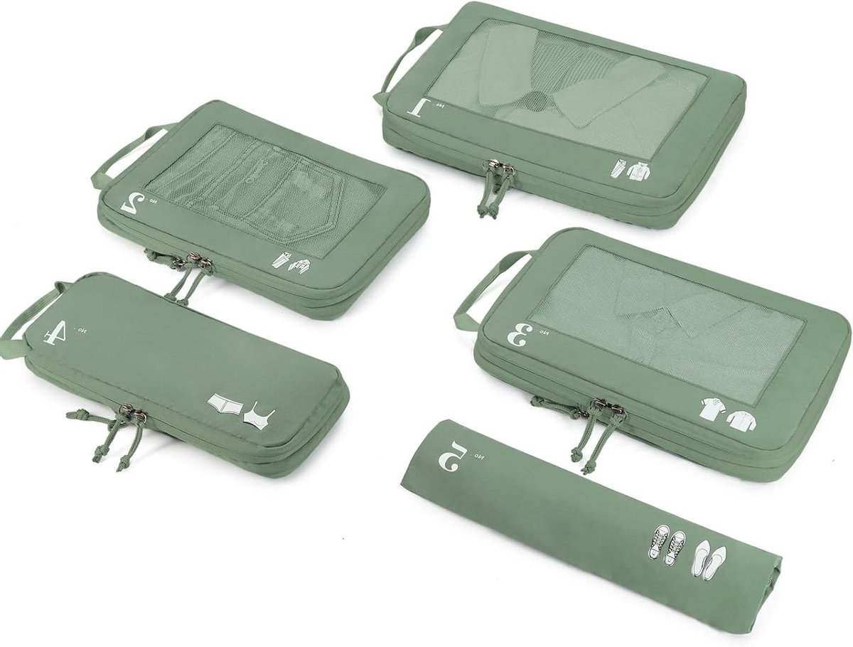 Packing Cubes - Reisorganizers Koffers - Bagage Ordenen - Comprimerend Ontwerp - 5 Delige Set - Groen