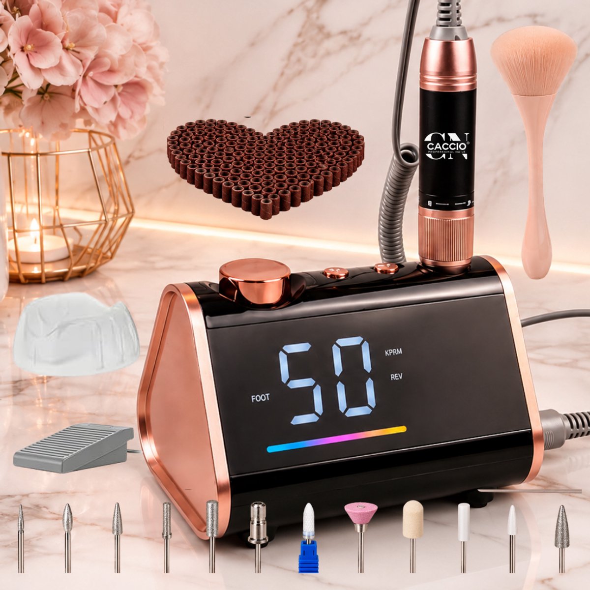 CACCIO® Elektrische Nagelvijl-85W -50000RPM-Rosegoud/Zwart - Incl.12 freesbitjes+106 schuurrolletjes+1 stofborstel - Nagelvijl - Nagelvijl Elektrische - Manicure en Pedicure Voeten en Handen-Elektrische nagelfrees-Acrylnagels-manicure en pedicure set