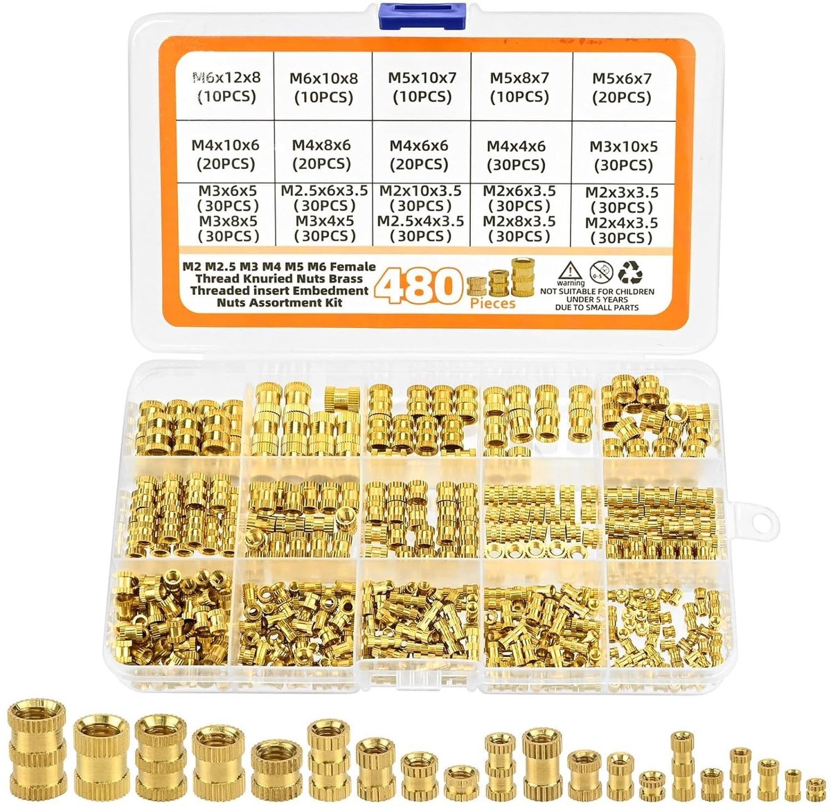 480 Stuks Draad Inserts voor M2 M2.5 M3 M4 M5 M6 - Messing Draadbussen met Knurl en Plastic Opbergdoos voor Kunststof Onderdelen