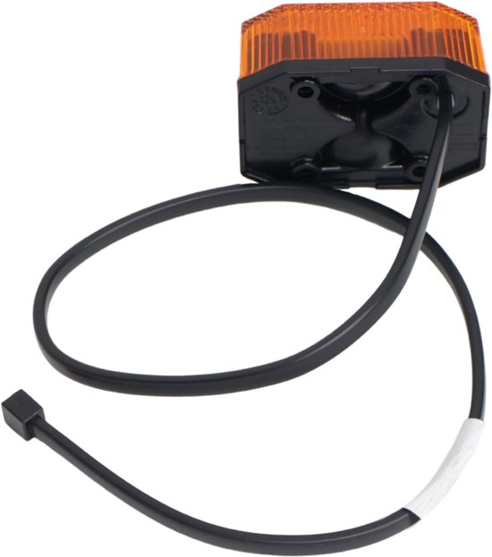 Achterkant van een oranje LED lamp met een zwarte behuizing en een 50 cm lange kabel.