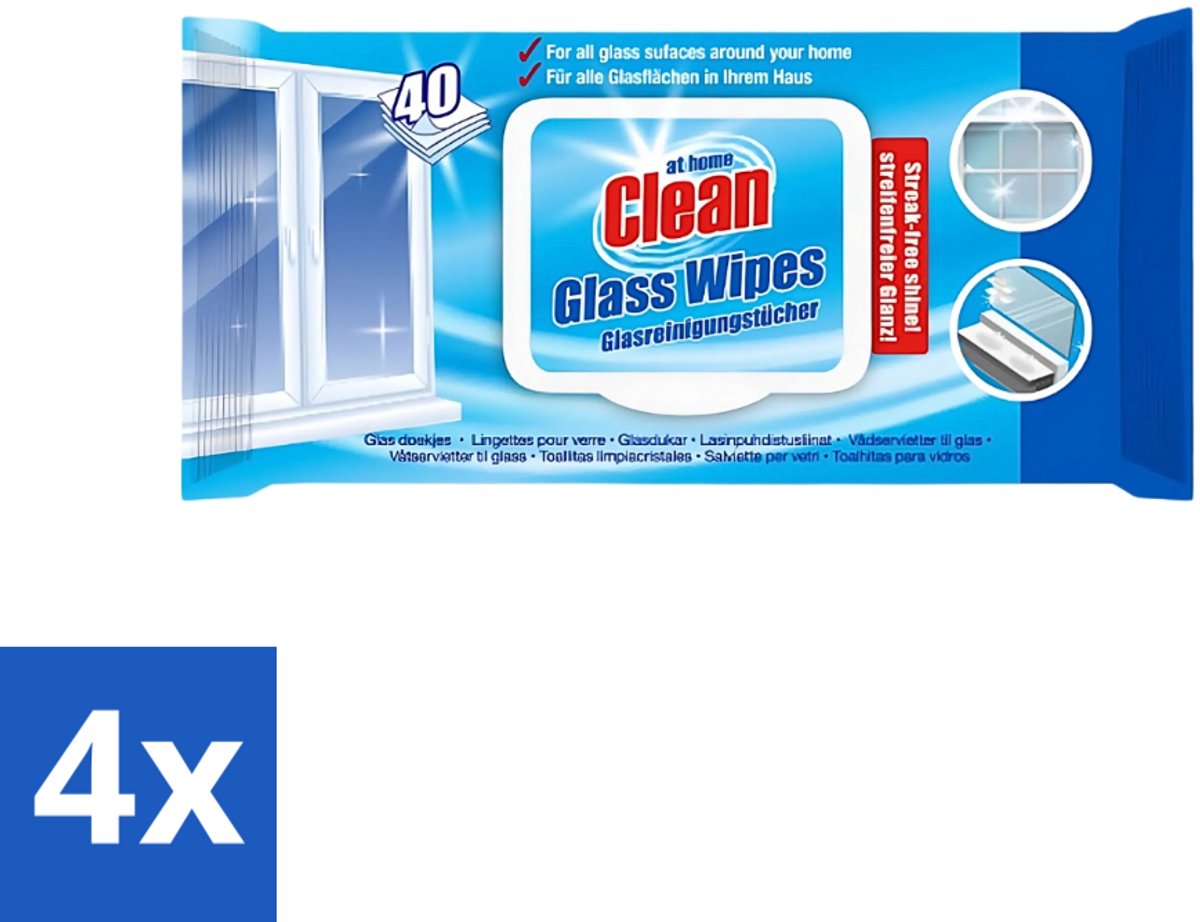 At Home - Clean - Glas Reinigingsdoekjes - Reinigt Streepvrij - 40 Doekjes - Voordeelverpakking - 4 stuks