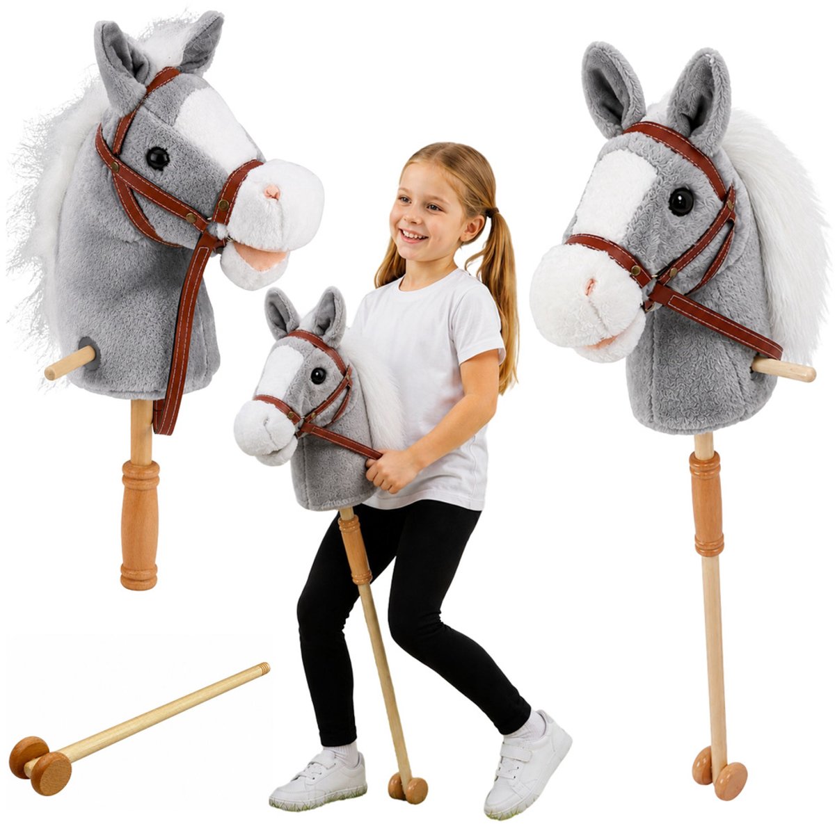 Playos® - Stokpaard op Wielen - Grijs - met Geluid - 100 cm - Pluche Speelgoed - Hobby Horse - Stokpaardje - Eenhoorn