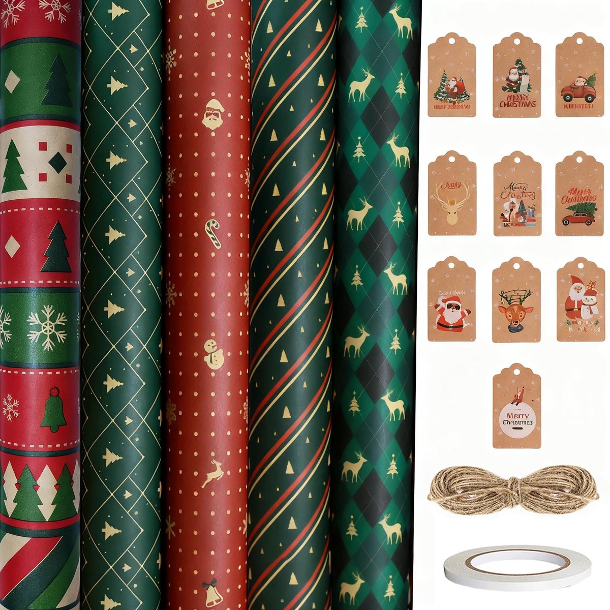 Solidchoice - 5 Rollen Kerstcadeau Inpakpapier, Recyclebaar Kraftpapier