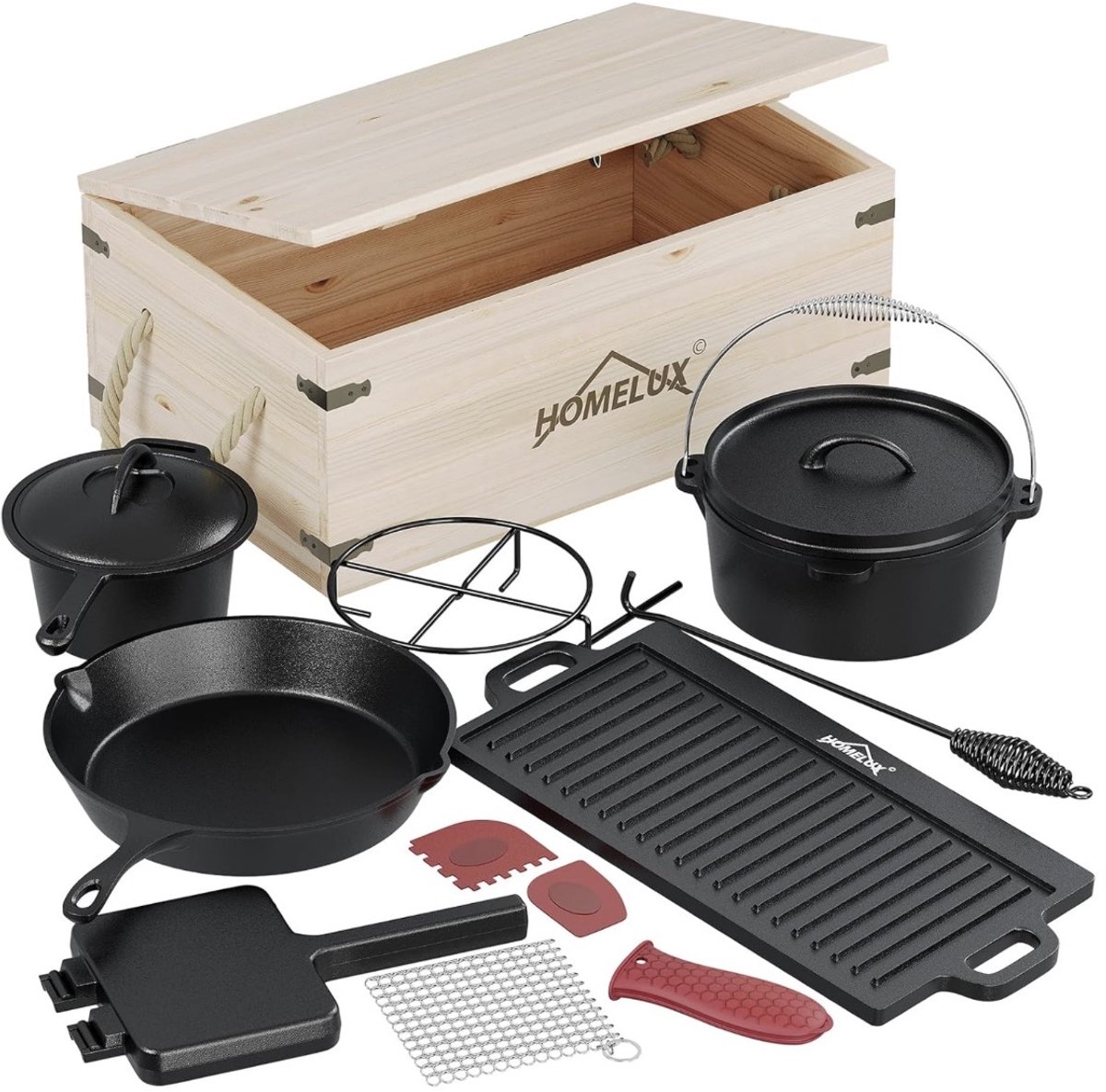 HOMELUX 12-delige gietijzeren braadpanset in houten kist – 4,5 liter pan, 3,6 liter steelpan, grillplaat, koekenpan en complete accessoires-camperen- buiten- binnen