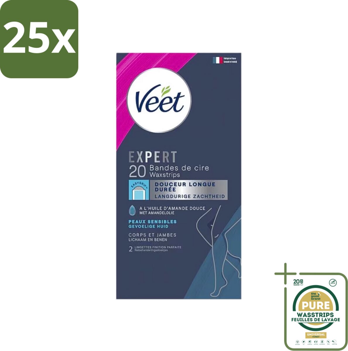 25 x Veet Expertn - Ontharingsstrips - Lichaam & benen - Normale huid - 20 Strips - Grootverpakking - Ontharen - Ontharingsstrips - Huid - Benen - Normale Huid