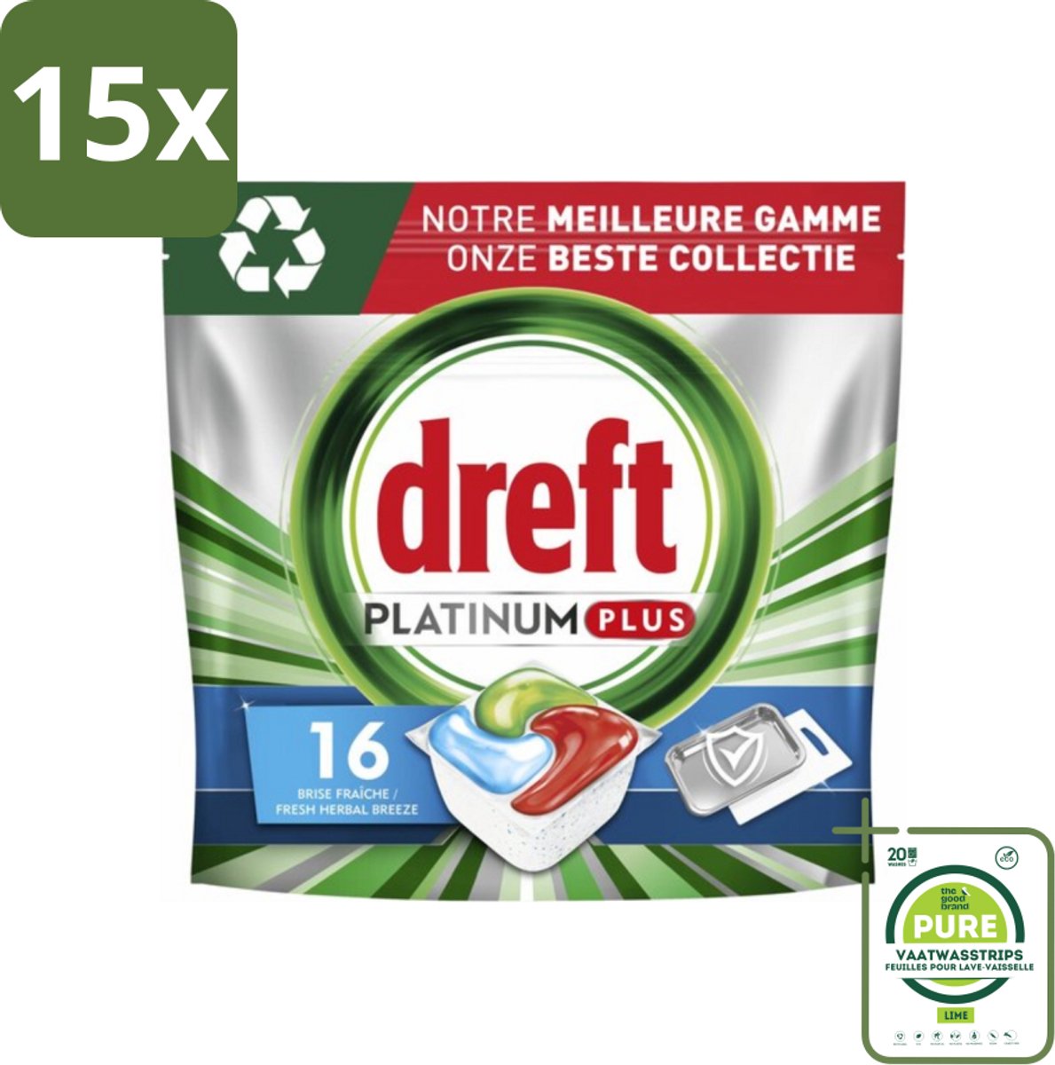 15 x Dreft Platinum Plus - All In One - Vaatwascapsules - Fresh Herbal Breeze - 16 Afwasbeurten - Grootverpakking - Vaatwascapsules - Vaatwasser - Schone Vaat - Frisse Geur - Vaatwasser Capsules