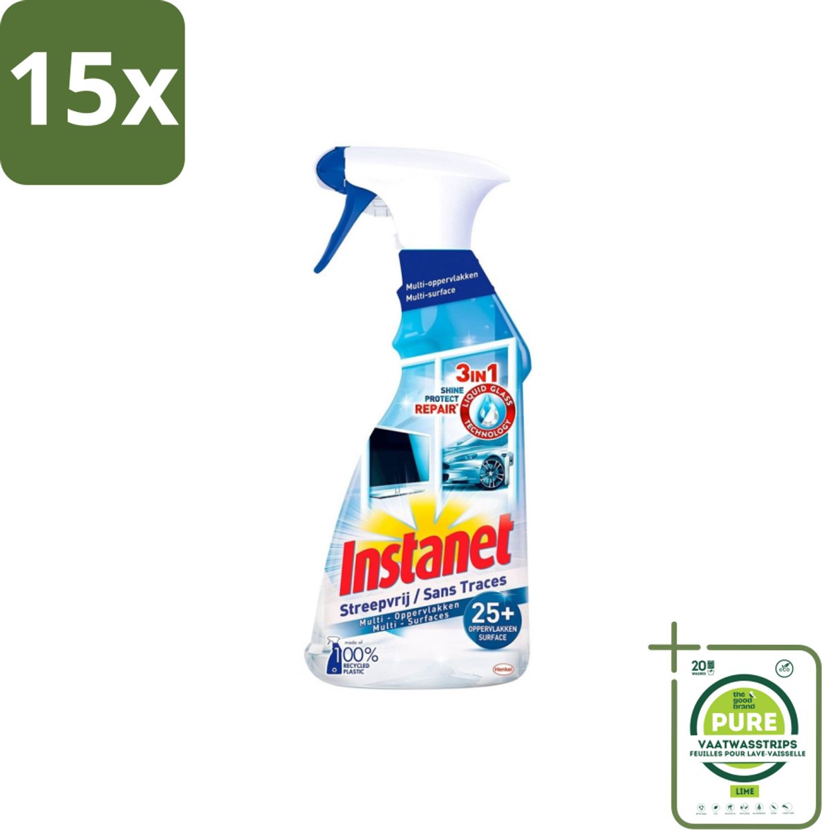 15 x Instanet - Schoonmaakspray - Streepvrij - 3 in 1 - Multi-Oppervlakken - 725 ml - Grootverpakking - Schoonmaakspray - Multi-oppervlakken - Streepvrij - Glasreiniger - Interieurreiniger
