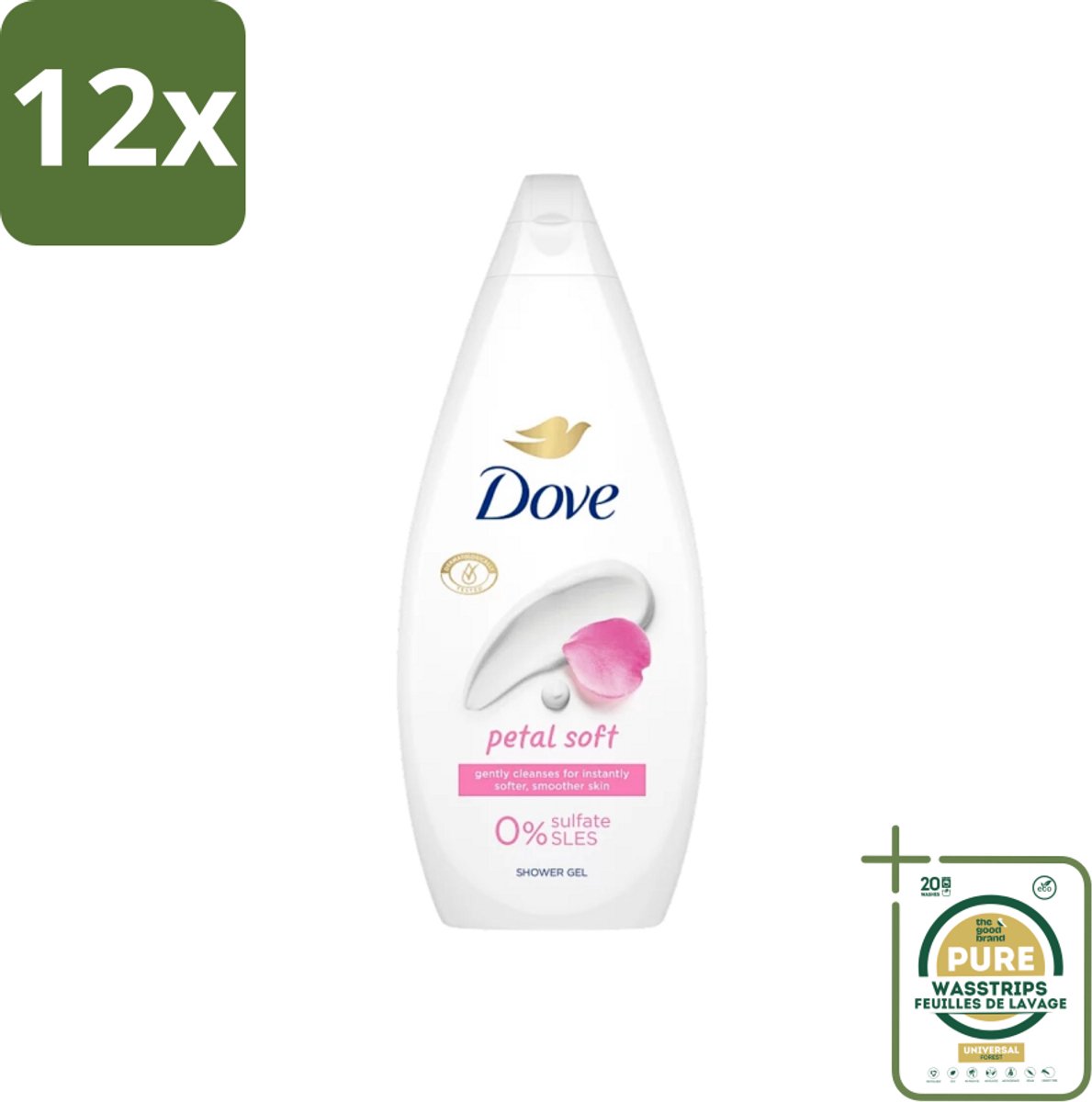 Dove Petal Soft - Douchegel - Sulfaatvrij - 250 ml - Voordeelverpakking - 12 stuks - Zachte reiniging - Hydraterend