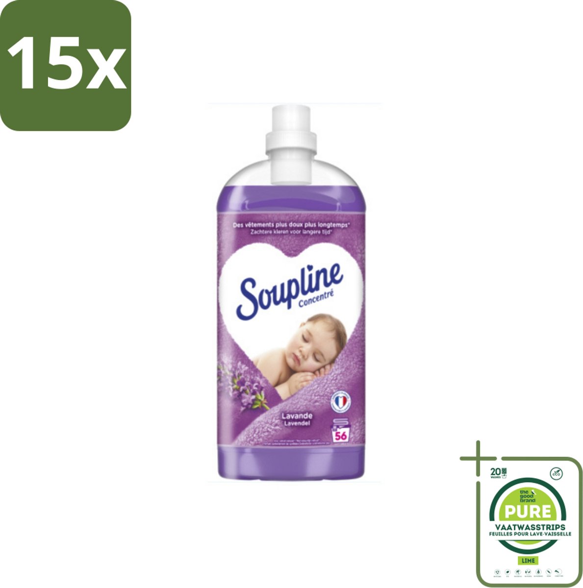 15 x Soupline - Wasverzachter - Lavendel - 56 Wasbeurten - 1.3L - Grootverpakking - Wasverzachter - Lavendelgeur - Wasgoed Verzachten - Wasverzachter Lavendel - Wasverzachter 56 Wasbeurten