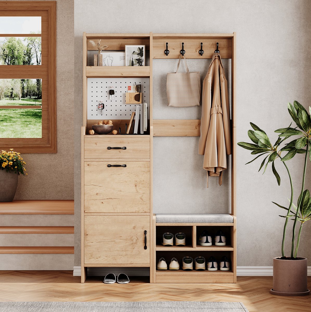 Wishdor Garderobemeubel - Halmeubel met 4 kleerhaken, lade en 2 deuren - Met schoenenbank en open vak - Scandinavisch - Entree hal - Houtlook - Natural - 108,5 x 35 x 180 cm