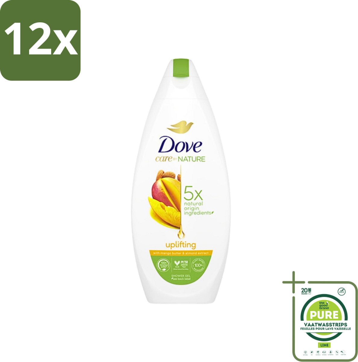 Dove Care By Nature - Uplifting - Douchegel - Mangoboter & Almond Extract - 225 ml - Voordeelverpakking - 12 stuks - Douchegel - Dove