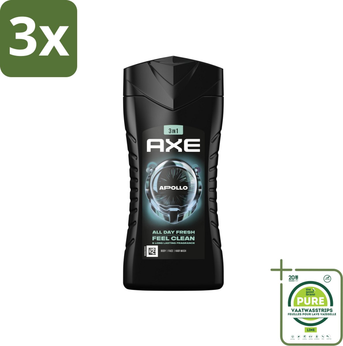 3 x Axe - 3-in-1 Douchegel - Apollo - Sage & Cedarwoord - 12hrs Long Lasting Scent - 250 ml - Grootverpakking - Douchegel - Axe Apollo - Salie - Cederhout - 3-in-1