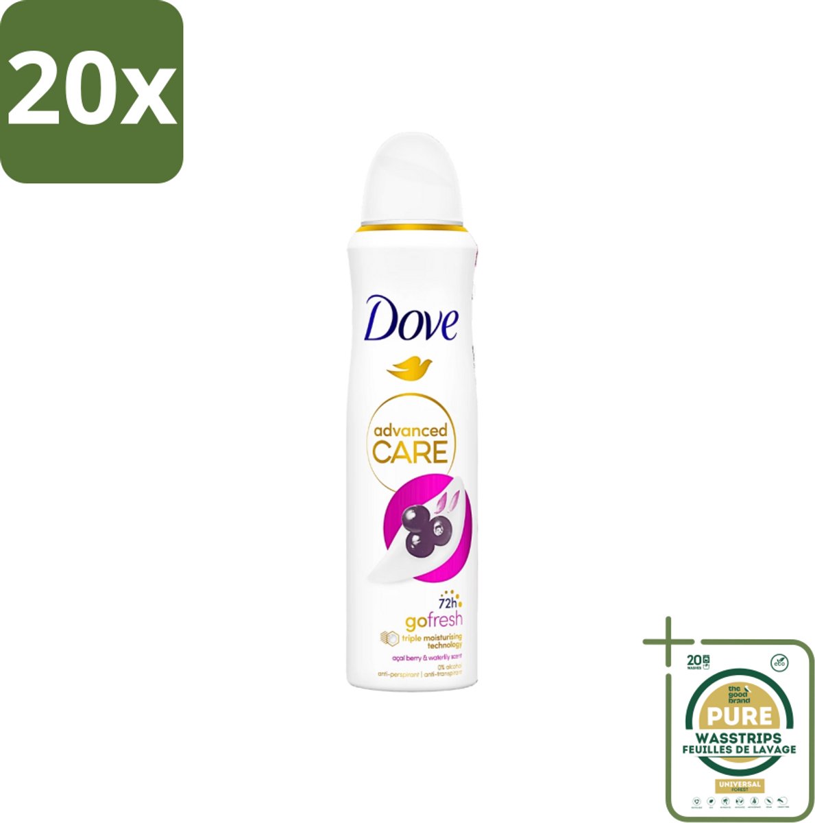 20 x Dove - Deospray - Acai Bes & Waterlelie - 150 ml - Grootverpakking - Acai Bes & Waterlelie Deospray - Deospray Oksels - Deodorant Oksels - Geur Oksels - Transpiratie Bescherming