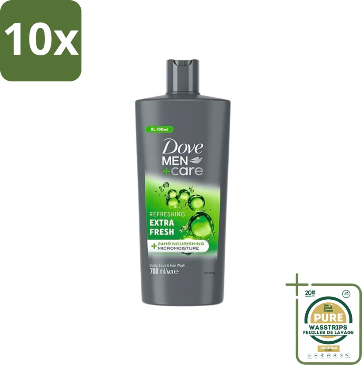 10 x Dove Men+Care - Extra Fresh - Douchegel 3-in-1 - Verzorgend - 700 ml - Grootverpakking - Douchegel Voor Mannen - Verfrissende Douche - Hydraterende Douche - Gezichtsproduct Voor Mannen - Haarproduct Voor Mannen