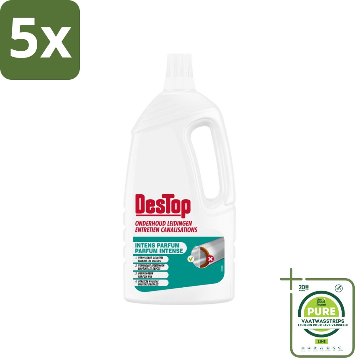 5 x DesTop - Onderhoud Leidingen - Frisse Dennen geur - 4-in-1 Werking - 1,5L - Grootverpakking - Leidingen Schoonmaken - Leidingen Ontstoppen - Geur Neutraliseren - Leidingen Reinigen - Frisse Geur