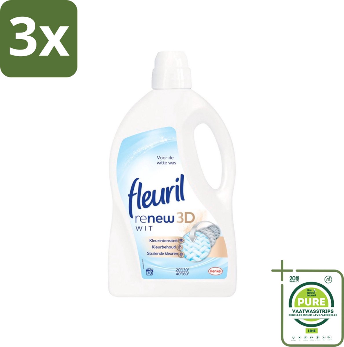 3 x Fleuril - Renew 3D - Vloeibaar Wasmiddel - Witte Was - 70 Wasbeurten - Grootverpakking - Wasmiddel - Vloeibaar Wasmiddel - Witte Was - Wasbeurten - Kleurintensiteit