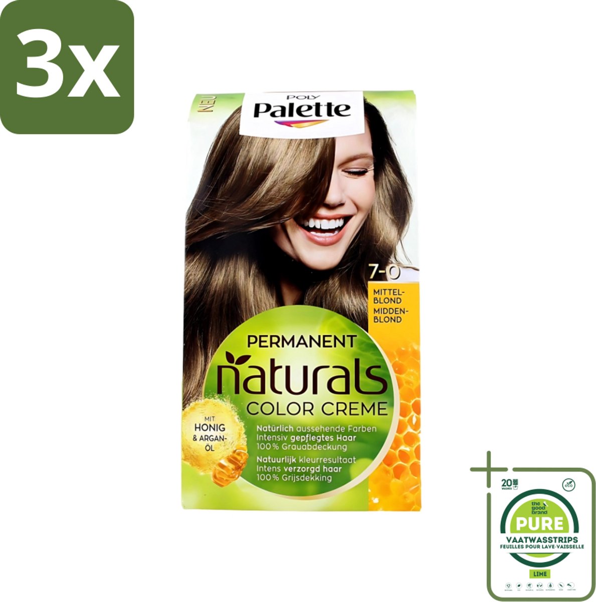 3 x Poly Palette - Haarverf - Middenblond 7-0 - 115ml - Grootverpakking - Haarverf - Permanente Haarverf - Middenblond - Grijsdekking - Cacaoboter