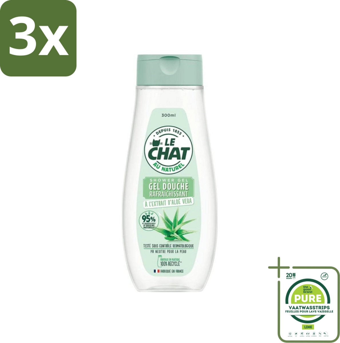 3 x Le Chat - Douchegel - PH Neutraal - Met Extract Van Aloë Vera - Verfrissend - 300 ml - Grootverpakking - Douchegel - Aloë Vera - PH Neutraal - Verfrissend - Huidverzorging