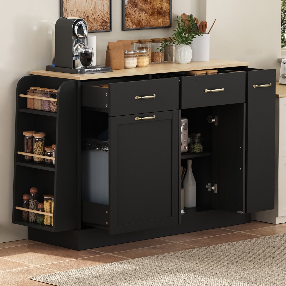 Re-purelife® Modern dressoir 133,5×40×86 cm - Zwart sideboard met afvalbakvak, kruidenrek en lades - Stevige opbergkast voor keuken, eetkamer en woonkamer