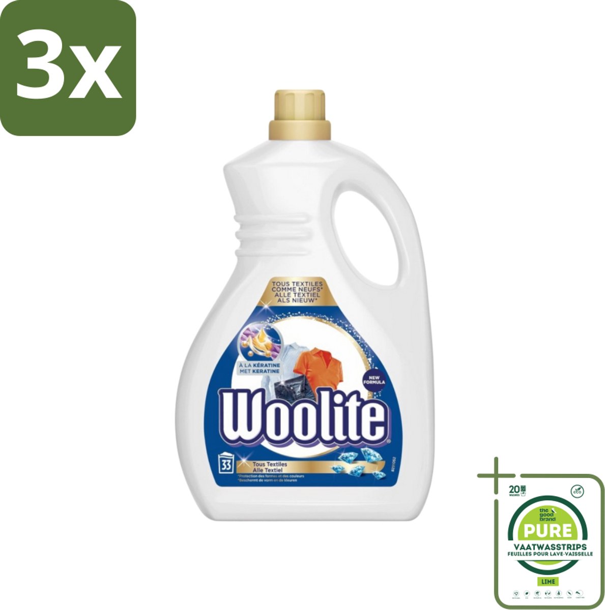 3 x Woolite Textile - Vloeibaar Wasmiddel - Met Keratine - Textiel Was - 33 Wasbeurten - 2L - Grootverpakking - Wasmiddel - Vloeibaar Wasmiddel - Wasmiddel Met Keratine - Textielwas - Kledingwas