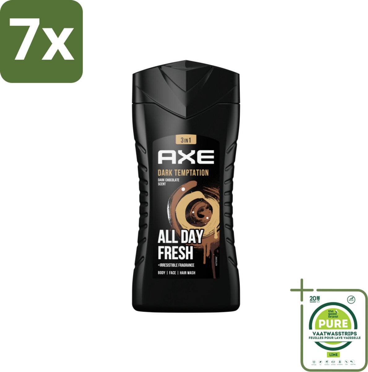 7 x Axe - 3-in-1 Douchegel - Dark Temptation - Dark Chocolate - 12hrs Long Lasting Scent - 250 ml - Grootverpakking - Douchegel - Axe - Dark Temptation - Chocoladegeur - 3-in-1