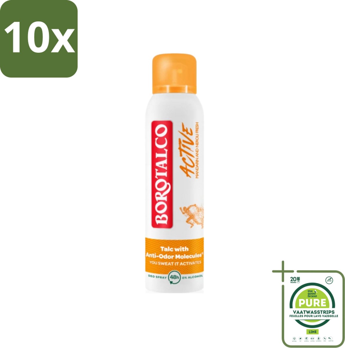 10 x Borotalco - Deodorant Spray - Active - Mandarin & Neroli Fresh - 0% Alcohol - 150 ml - Grootverpakking - Deodorant Spray - Antitranspirant - Mandarijn - Neroli - Frisse Geur
